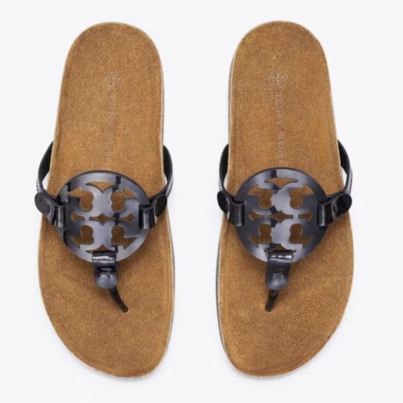 NWOB! Tory Burch Miller Cloud Black Patent Women’s Sandals Suede Cork Sz 11 - Picture 1 of 9